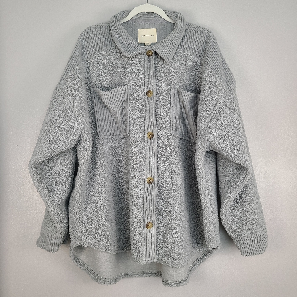 American Eagle Oversized Minimal Gray Fleece Button Front Sweater Shacket XL